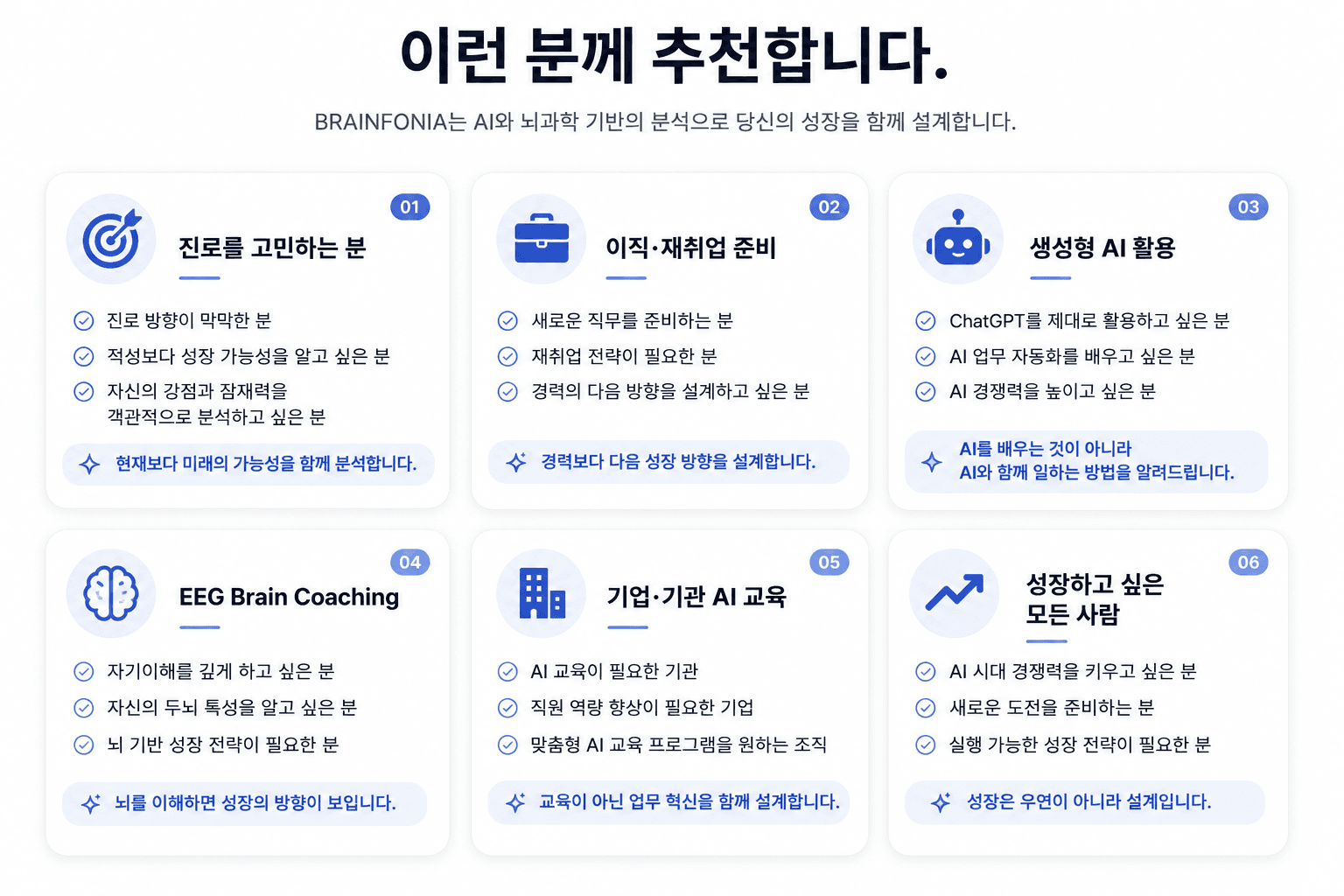 이런 분께 추천합니다 — 진로를 고민하는 분, 이직·재취업 준비, 생성형 AI 활용, EEG Brain Coaching, 기업·기관 AI 교육, 성장하고 싶은 모든 사람